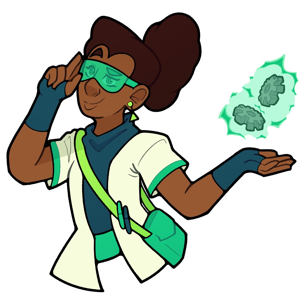 A cartoon drawing of Acacia, looking confident and floating some gears in her right hand with her powers, depicted as a turquoise-green electricity. Her skin is a light brown, and her hair is dark brown and in a neat bun. She wears turquoise-green transparent safety glasses, light green triangular earrings, a dark blue turtleneck, a white jacket with turquoise-green accents, dark blue fingerless gloves, a turquoise-green cross-body bag with a light green strap with two turquoise-green and dark blue pens attached to it, and a thick turquoise-green belt.