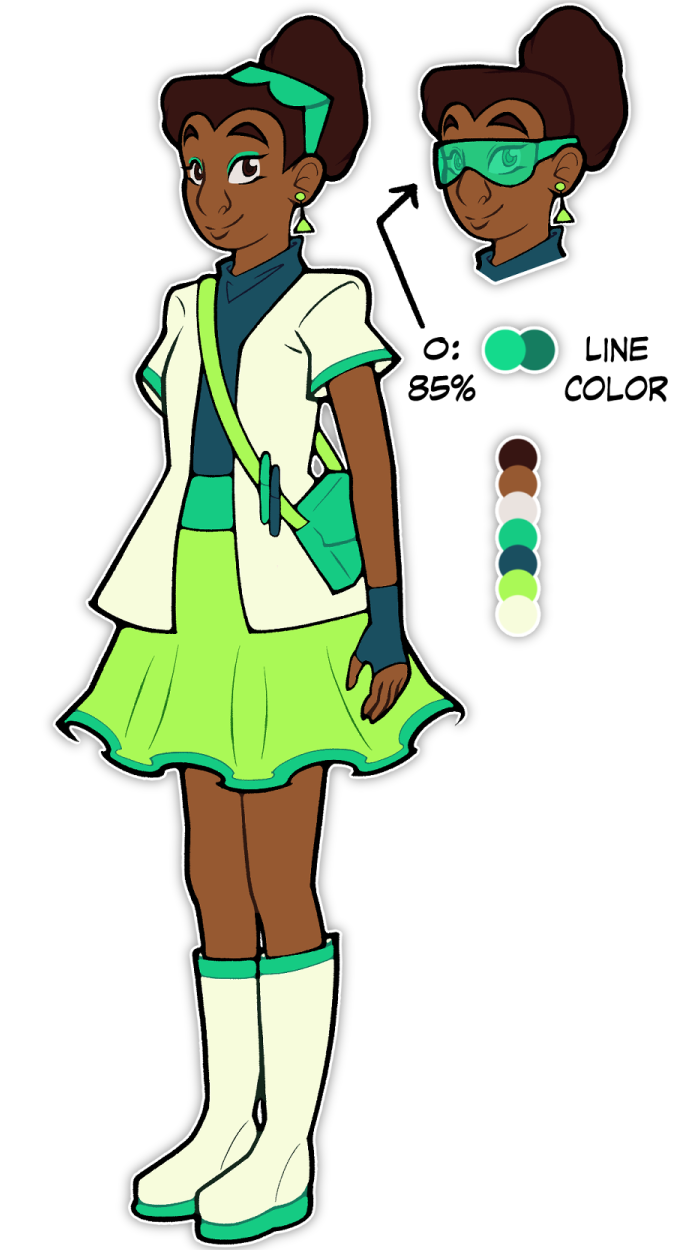 A cartoon reference image of Acacia, standing neutrally at a three-fourths angle. Her skin is a light brown, and her hair is dark brown in a neat bun, with turquoise-green safety glasses on her head. She has dark brown eyes. She wears turquoise-green transparent safety glasses, light green triangular earrings, a dark blue turtleneck, a white jacket with turquoise-green accents, dark blue fingerless gloves, a turquoise-green cross-body bag with a light green strap with two turquoise-green and dark blue pens on it, a thick turquoise-green belt, a light green skirt with turquoise-green accents, and white boots with turquoise-green accents. To the right of the drawing is her color pallet, and text notes indicating that when the glasses are on her face they are at 85% opacity with a dark green line color.