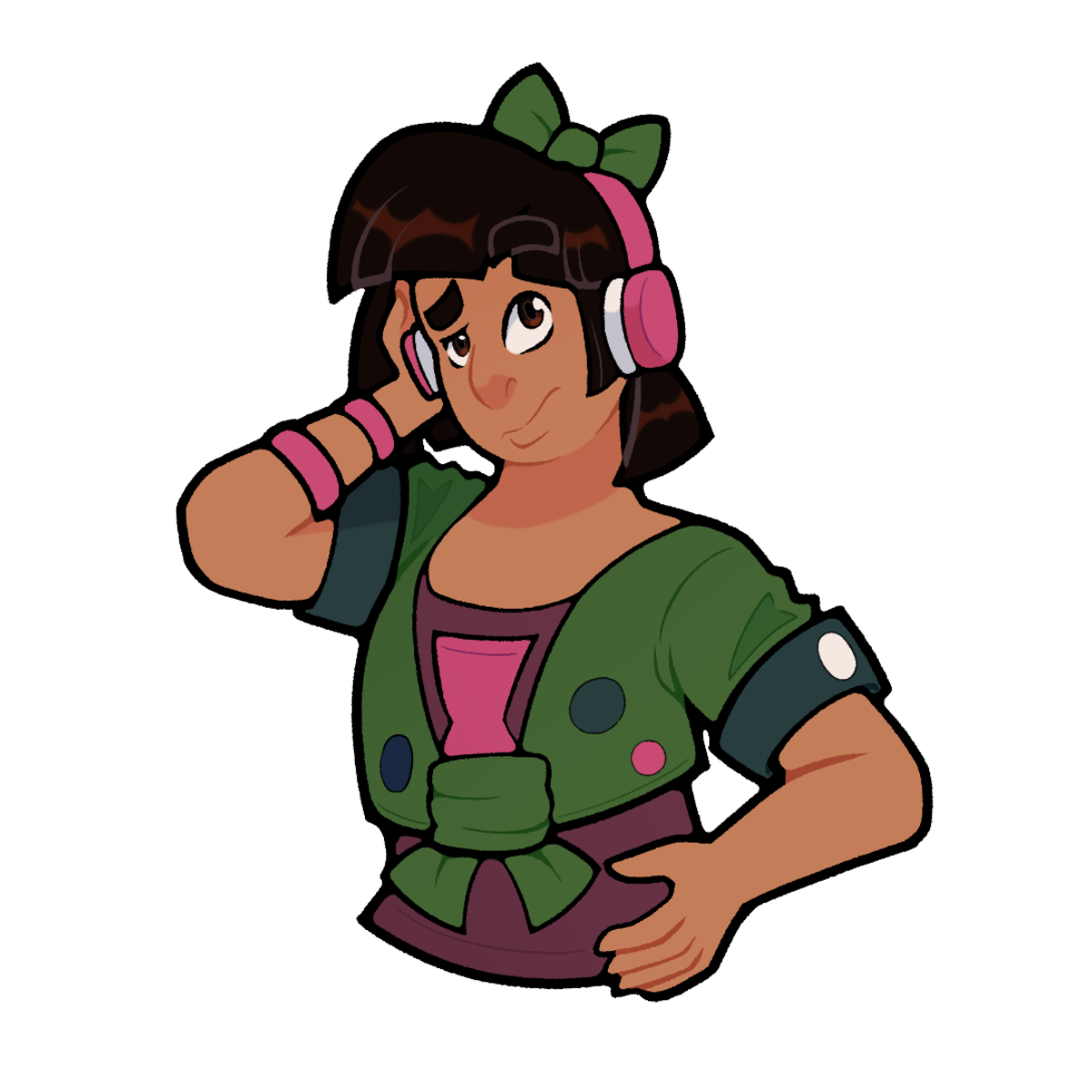 A cartoon drawing of Aika, looking disapproving with her right hand on her hips and holding her neon-pink headphones with white padding to her head. Her skin is a tan peach, and her hair is a brownish-black in a short cut with bangs. She has brown eyes and is wearing a green bow. Her left arm has two neon-pink watches on it. She is wearing a green crop top with dark-green cuffs and white buttons. It has three pins on it. Under the crop top is a purple shirt with a neon-pink hour glass on it.