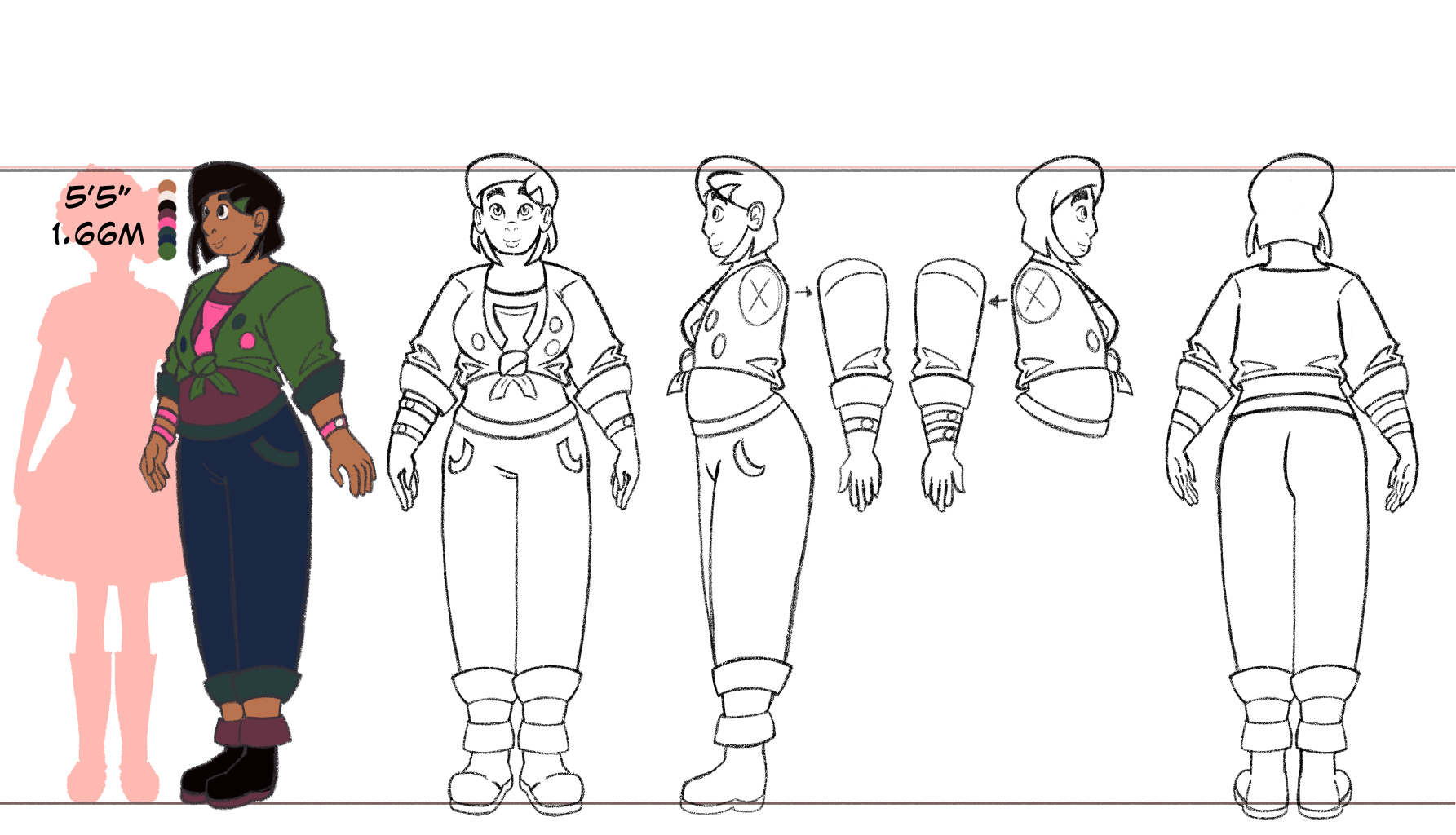 A cartoon reference drawing of Aika, standing neutrally and seen from a three-fourths angle, a front angle, both side angles, and the back. Only the first three-fourths drawing has color. There is a red silhouette of Cameron for height reference, with text stating that Aika is 5 feet 5 inches, or 1.66 meters, tall.  Aika has short brownish-black hair with a green triangular clip in it on the right side. She has tan-peach skin and dark brown eyes. She is wearing a green crop top tied in the front with dark-green cuffs and three pins on it. Under the crop top is a purple shirt with a neon-pink hour glass on it. Her left arm has two neon-pink watches on it, and her right arm has an additional neon-pink watch. Her pants are dark blue with green accents, they cut off slightly before her boots. Her boots are dark brownish-black with purple soles and tops. To the left of the first image is her color palette.
