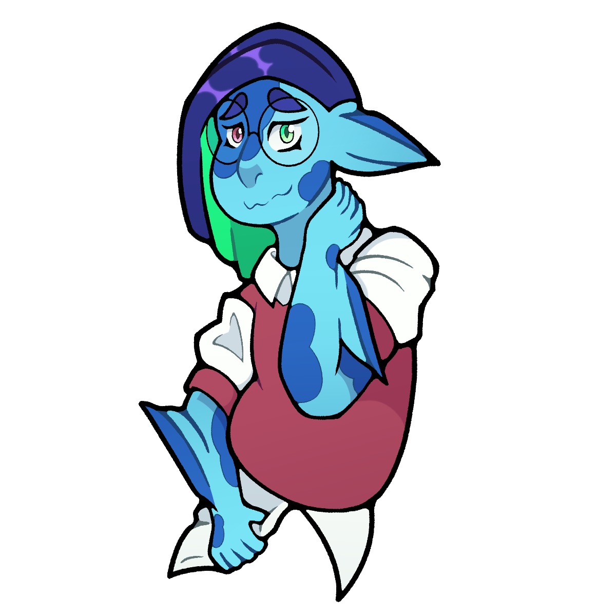 A cartoon drawing of Alec, looking bashful with his right hand on his neck and his left tugging at his shirt. Alec is a fish-like man with light blue skin and triangular fin-like ears. He has two large fins on his arms. He has dark blue spots throughout his body, including a large one taking up the left half of his face. He has one pink and one green eye. His hair is fin-like and a deep purple with a bright green underneath. He is wearing large, circular glasses, and a pink sweater vest with a white short sleeved collared shirt underneath it. The shirt has pink cuffs on the sleeves.