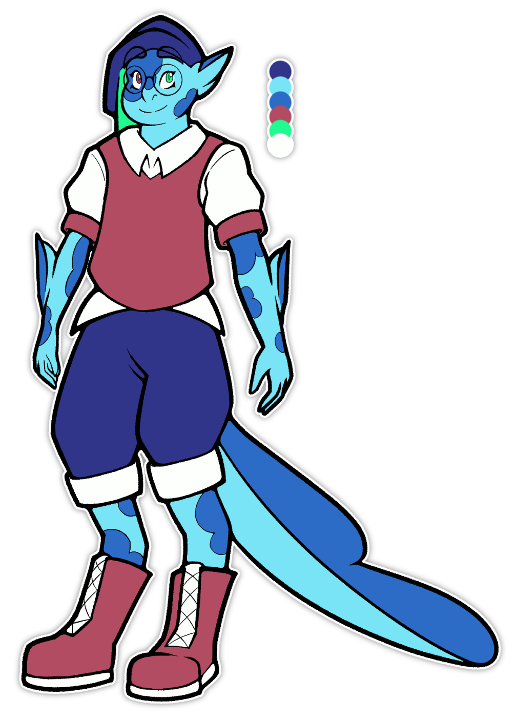 A cartoon reference of Alec, standing neutrally at a three-fourths angle. Alec is a fish-like man with light blue skin and triangular fin-like ears. He has two large fins on his arms. He has dark blue spots throughout his body, including a large one taking up the left half of his face. He has one pink and one green eye. His hair is fin-like and a deep purple with a bright green underneath. He is wearing large, circular glasses, and a pink sweater vest with a white short sleeved collared shirt underneath it. The shirt has pink cuffs on the sleeves. There are two corners of the shirt sticking out from under the vest. He has plantigrade legs and is wearing deep purple pants with white cuffs. He has pink boots with white accents. He has a long tail with blue round fins. On the right is his color palette.