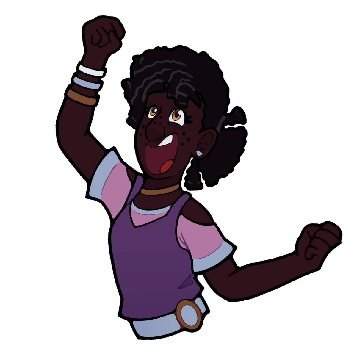 A cartoon drawing of Cameron looking joyful and pumping her left fist into the air. She has dark brown skin with freckles, brown eyes, and black hair taken back into a triangular bun. On her left arm she has three bracelets in white, light blue, and light brown. She has blue triangular earrings. She is wearing a light brown choker and a purple dress with a light blue belt with a brown wooden buckle. Under her dress she is wearing a pink short sleeved shirt with blue accents and cut shoulders.