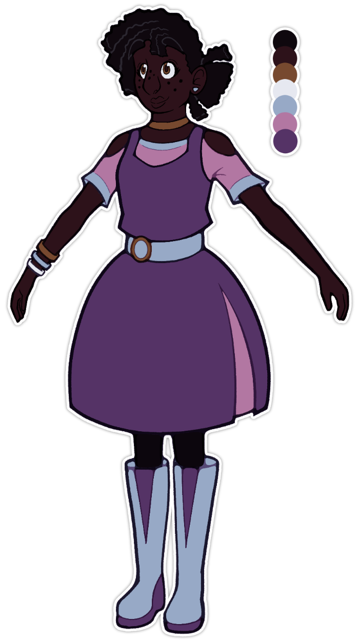 A cartoon reference of Cameron standing neutrally in a three-fourths angle pose. She has dark brown skin with freckles, brown eyes, and black hair taken back into a triangular bun. On her left arm she has three bracelets in white, light blue, and light brown. She has blue triangular earrings. She is wearing a light brown choker and a purple dress with a light blue belt with a brown wooden buckle. Under her dress she is wearing a pink short sleeved shirt with blue accents and cut shoulders. The bottom of her dress has a pink triangular slit in it. She is wearing black tights under large light blue boots with purple triangular accents. On the right is her color pallet.