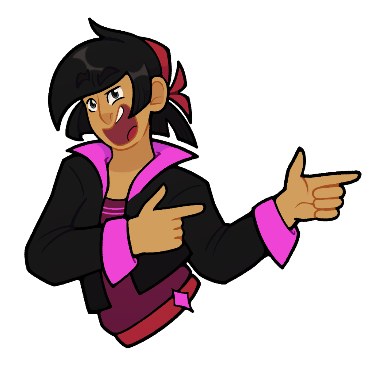 A cartoon drawing of Hingwan, looking cocky and shooting finger guns. She has slightly tan skin and black hair and eyes. She has a red ribbon headband in her hair. She is wearing a black jacket with neon-pink cuffs and collar. Underneath the jacket is a purple shirt with a neon-pink pattern. She is wearing a red belt with a neon-pink buckle in the shape of a cartoon diamond.