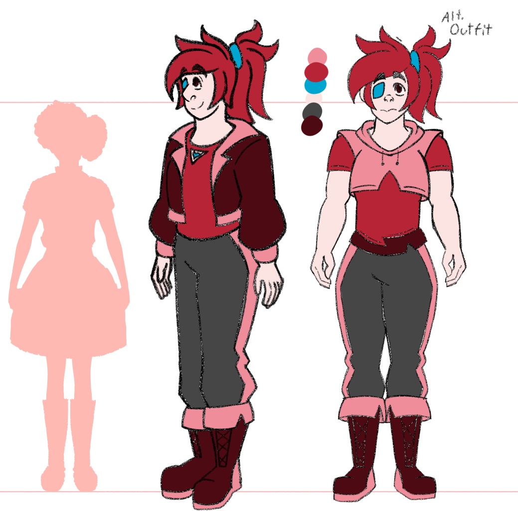 A cartoon reference of Rose, with a drawing on the left of her at a three-fourths angle and one on the right of her from the front. To the left is a red height refrence of Cameron, meeting Rose's chin. Rose is pale white with a brown eye, a blue eyepatch on her left eye, and bright red messy hair in a ponytail. On the left, she is wearing a light blue scrunchie, a reddish-brown leather jacket with pink accents on the collar, sleeves, and waist. Underneath the jacket is a red keyhole shirt, in which a blue heart-shaped necklace can be seen. She is also wearing grey sweatpants with a pink stripe going down the side that go into her brown leather boots with pink accents. To the right of her is her color pallet. On the right drawing, she is wearing a worn pink crop-top hoodie over a red worn short sleeved shirt. She is wearing the same sweatpants and boots as on the left, but with a brown belt atop the sweatpants. This drawing is labeled 'Alt. Outfit.'