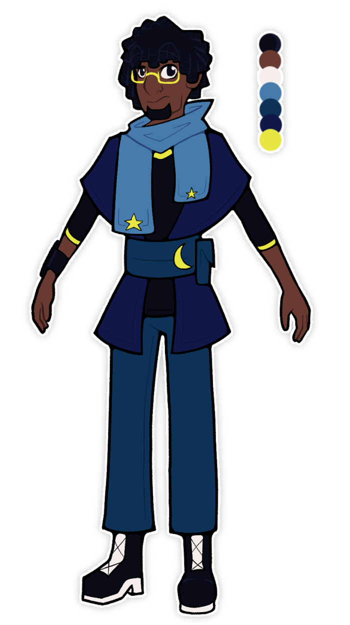 A cartoon reference of William standing neutrally in a three-fourths angle. He has brown skin, brown eyes, black hair, and a small beard. He has yellow glasses, a light blue scarf with yellow stars on it, a dark blue robe top, and a black long sleeved shirt with yellow highlights. He has a dark teal belt with a yellow crescent moon and a teal bag on it. His pants are a dark teal and cover his black boots with white highlights. On his left arm is his black AAC device. On the right is his color palette. 