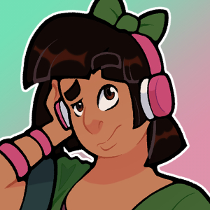 An image of Aika on a green-pink gradient background.