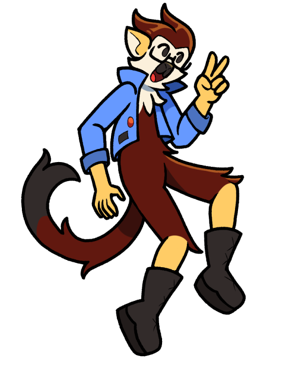 A brown and yellow squirrel monkey flashing a peace sign, wearing glasses, a jean jacket with a patch and pin, and black platform boots.